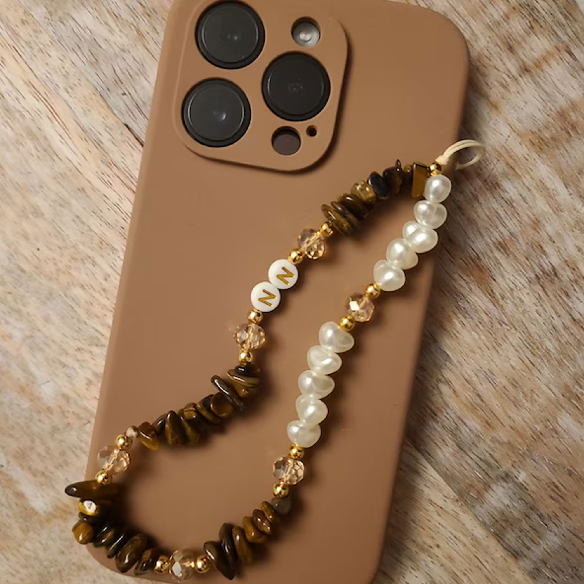Personalized Name Tiger Eye Phone Strap, Healing Crystal Phone Chain, Pearl Beaded Phone Charm, Birthday/Wedding Gift for Her/Mom/Bridesmaids