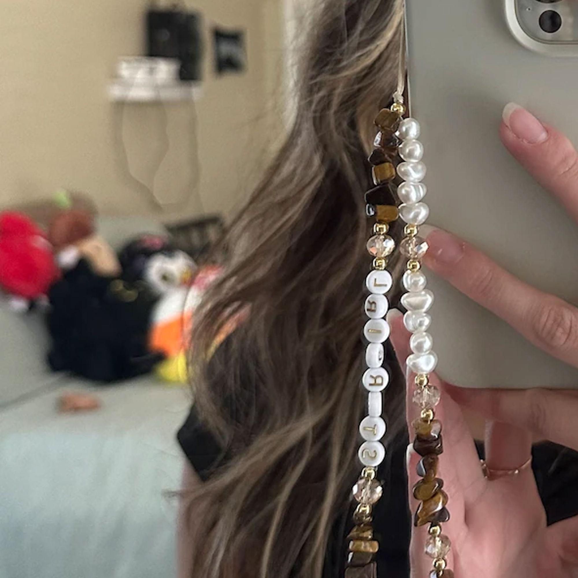 Personalized Name Tiger Eye Phone Strap, Healing Crystal Phone Chain, Pearl Beaded Phone Charm, Birthday/Wedding Gift for Her/Mom/Bridesmaids