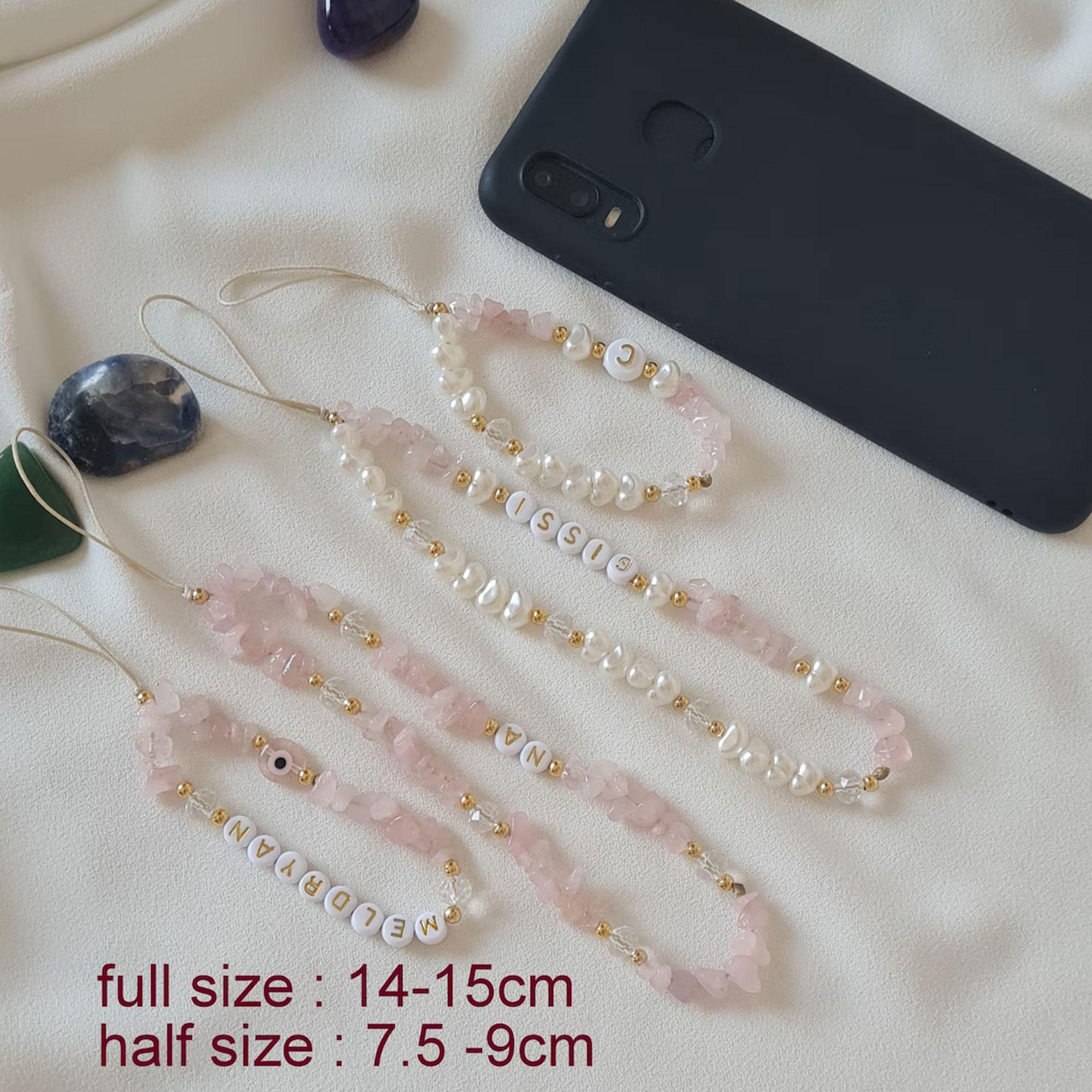Personalized Name Tiger Eye Phone Strap, Healing Crystal Phone Chain, Pearl Beaded Phone Charm, Birthday/Wedding Gift for Her/Mom/Bridesmaids