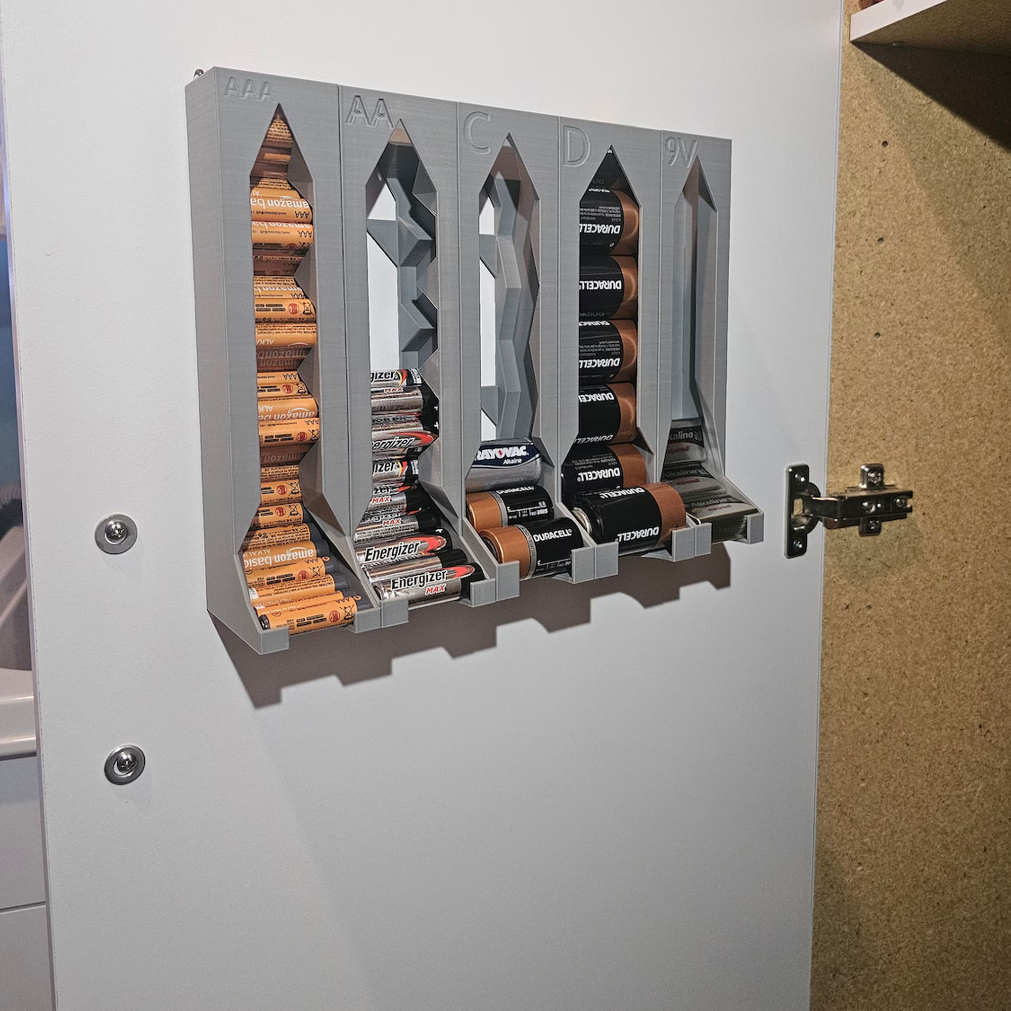 Battery Storage Dispenser for AA/AAA/C/D/9V Batteries, 3D Printed Wall-Mounted Organizer, Space-Saving Battery Holder, Gift for Hostess/DIY Lovers