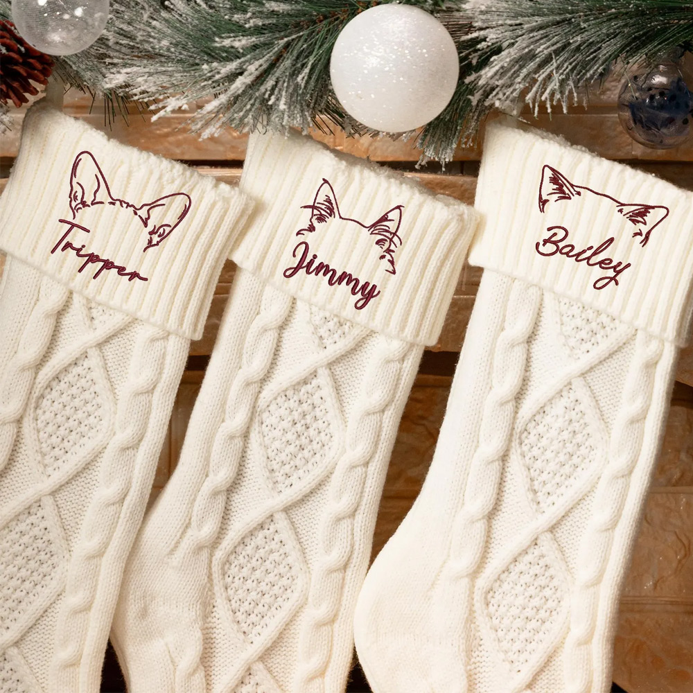 Personalized Name Embroidered Dog/Cat Ears Christmas Stocking, Festival Fireplace Tree Hanging Ornament, Christmas Gift for Pet Lovers/Owners