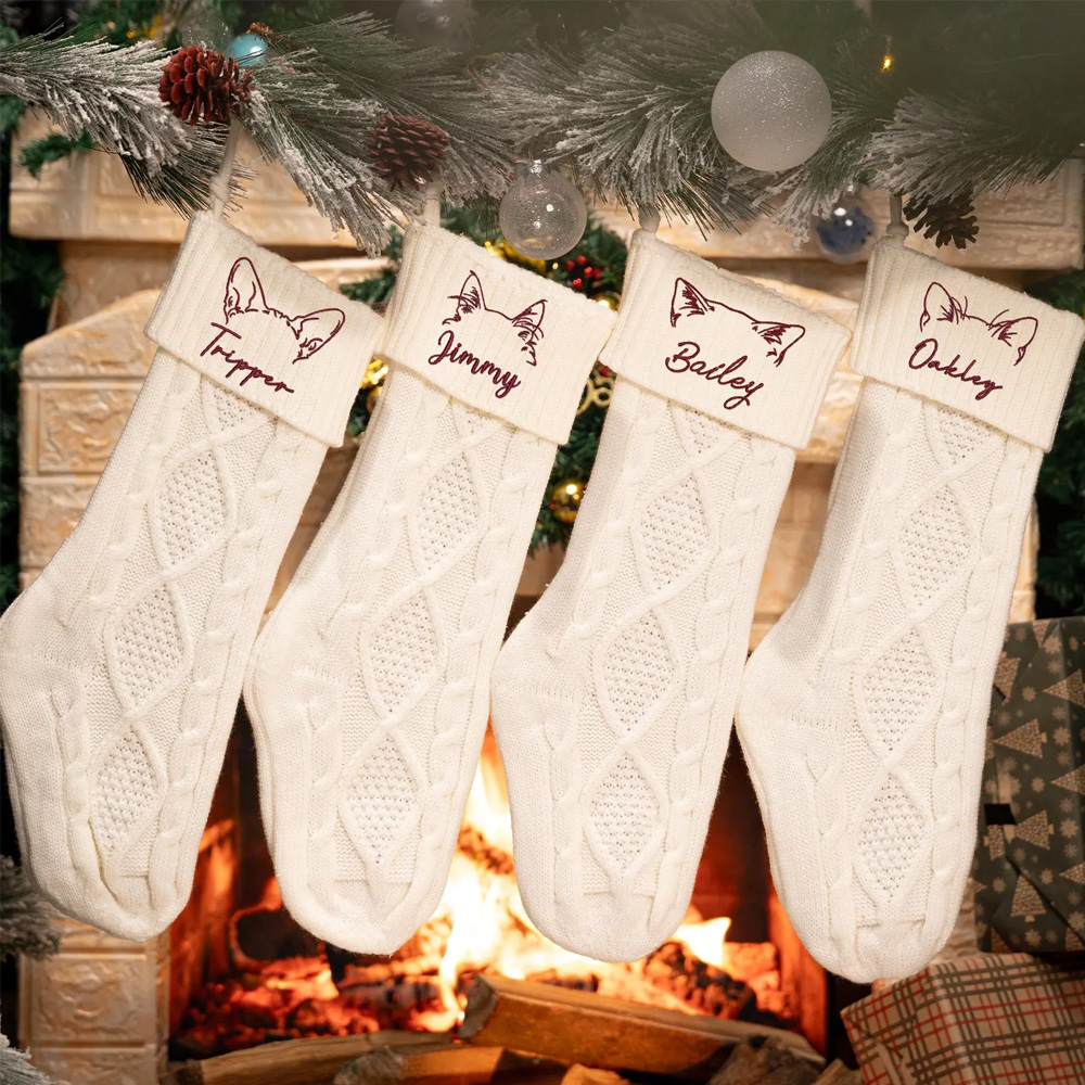 Personalized Name Embroidered Dog/Cat Ears Christmas Stocking, Festival Fireplace Tree Hanging Ornament, Christmas Gift for Pet Lovers/Owners