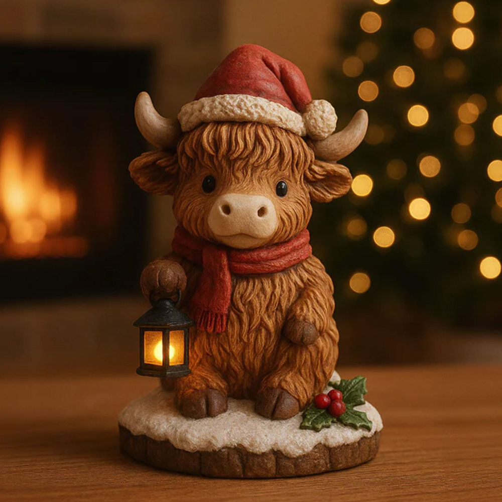 Handmade Highland Cow Christmas Night Light, LED Night Lamp with Base, Home Decor, Birthday/Christmas Gift for Highland Cow Lovers/Readers