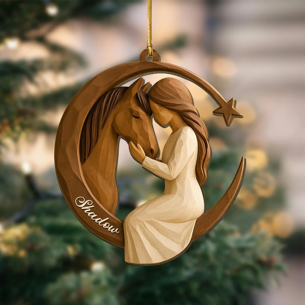 Custom Name 2D Flat Carving Girl and Horse Christmas Ornament, Equestrian Holiday Tree Hanging Decor, Christmas Gift for Horse Lovers