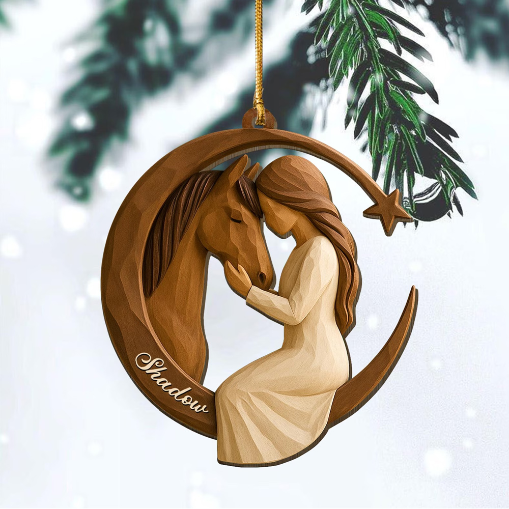 Custom Name 2D Flat Carving Girl and Horse Christmas Ornament, Equestrian Holiday Tree Hanging Decor, Christmas Gift for Horse Lovers