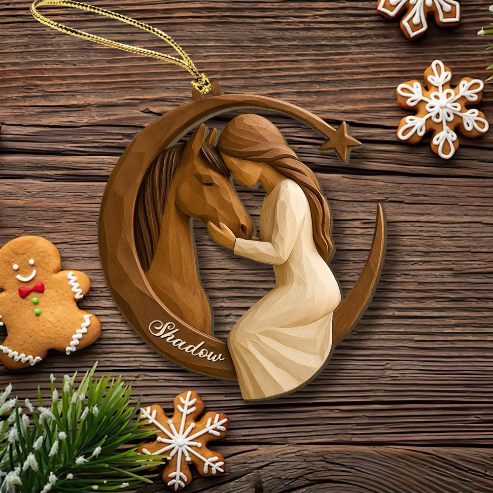 Custom Name 2D Flat Carving Girl and Horse Christmas Ornament, Equestrian Holiday Tree Hanging Decor, Christmas Gift for Horse Lovers