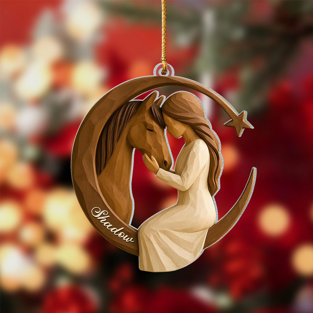 Custom Name 2D Flat Carving Girl and Horse Christmas Ornament, Equestrian Holiday Tree Hanging Decor, Christmas Gift for Horse Lovers