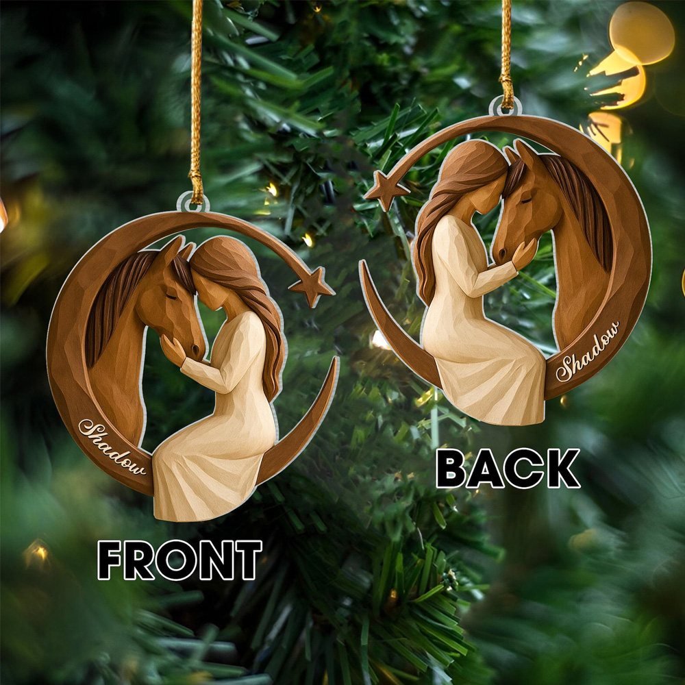 Custom Name 2D Flat Carving Girl and Horse Christmas Ornament, Equestrian Holiday Tree Hanging Decor, Christmas Gift for Horse Lovers