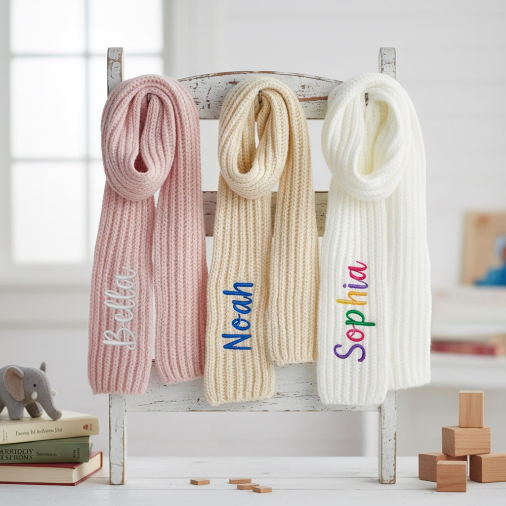 Personalized Kid Knitted Scarf with Embroidered Name, Unisex Soft Warm Scarf, Winter Daily Wear Accessory, Birthday/Christmas Gift for Kids/Boys/Girls