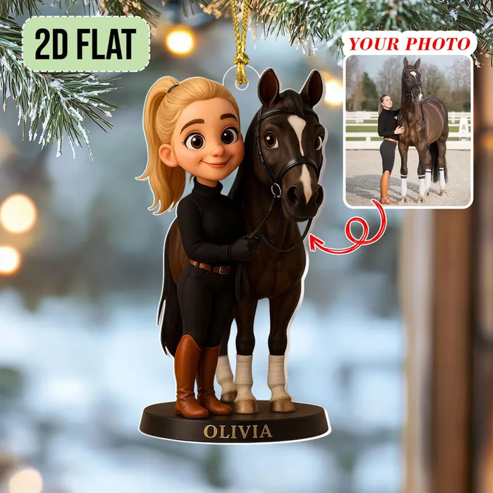 Custom Horse and Owner Portrait 2D FLAT Christmas Ornament with Name, Acrylic Holiday Tree Hanging Decor, Christmas Gift for Horse Equestrians/Riders