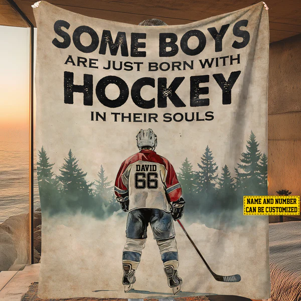 Vintage Personalized Hockey Fleece Blanket, Hockey In Their Souls Woven Blanket, Cool Sherpa Blanket Gift For Hockey Lovers