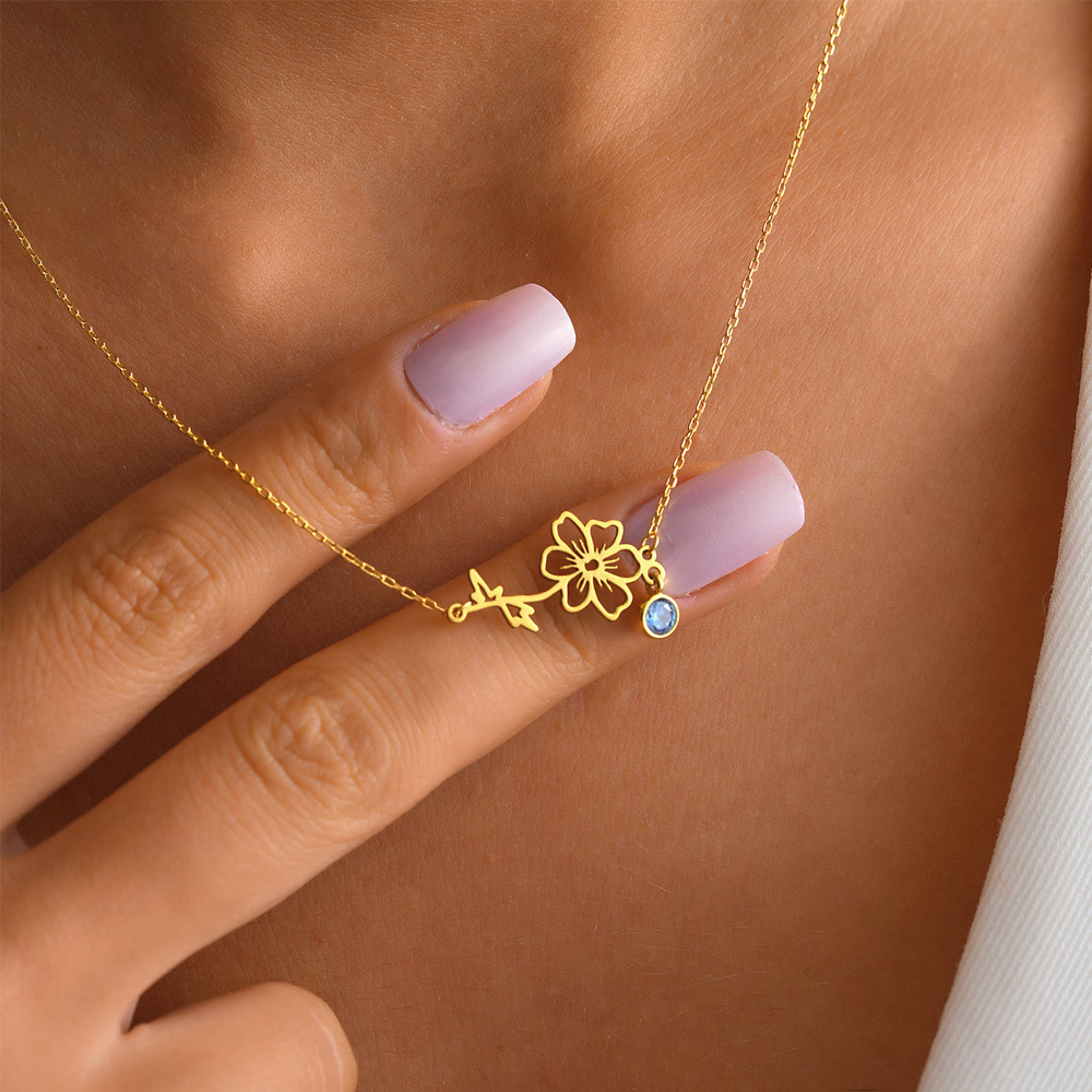Personalized Dainty Birth Flower Necklace with Birthstone, Sterling Silver 925 Minimalist Jewelry for Women, Birthday/Anniversary Gift for Her/Mom