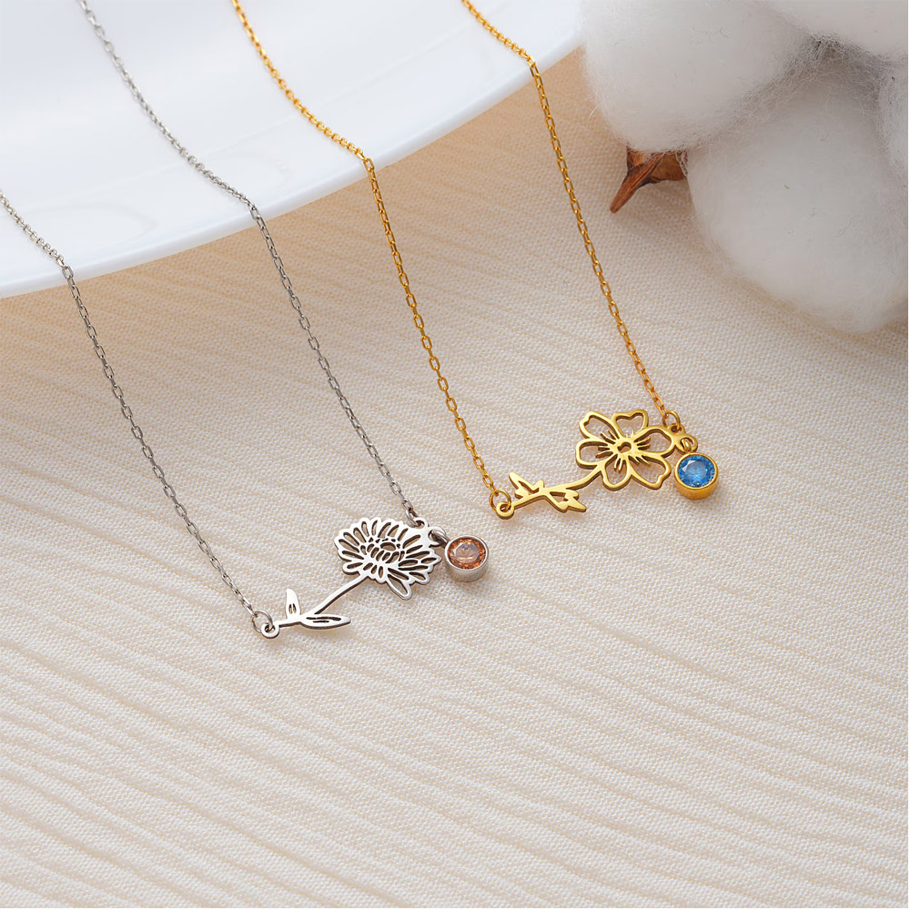 Personalisierte, zierliche Geburtsblumenkette mit Geburtsstein, minimalistischer Schmuck aus 925er Sterlingsilber für Damen, Geburtstags-/Jahrestagsgeschenk für Sie/Mama