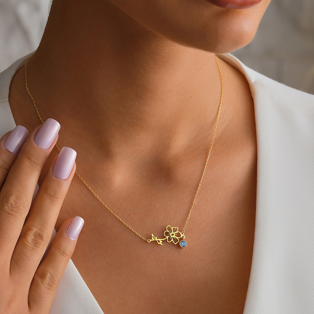 Personalisierte, zierliche Geburtsblumenkette mit Geburtsstein, minimalistischer Schmuck aus 925er Sterlingsilber für Damen, Geburtstags-/Jahrestagsgeschenk für Sie/Mama