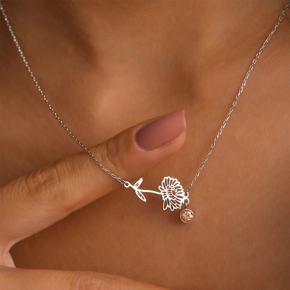 Personalisierte, zierliche Geburtsblumenkette mit Geburtsstein, minimalistischer Schmuck aus 925er Sterlingsilber für Damen, Geburtstags-/Jahrestagsgeschenk für Sie/Mama