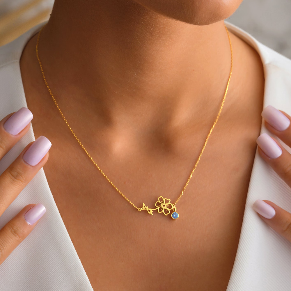 Personalisierte, zierliche Geburtsblumenkette mit Geburtsstein, minimalistischer Schmuck aus 925er Sterlingsilber für Damen, Geburtstags-/Jahrestagsgeschenk für Sie/Mama