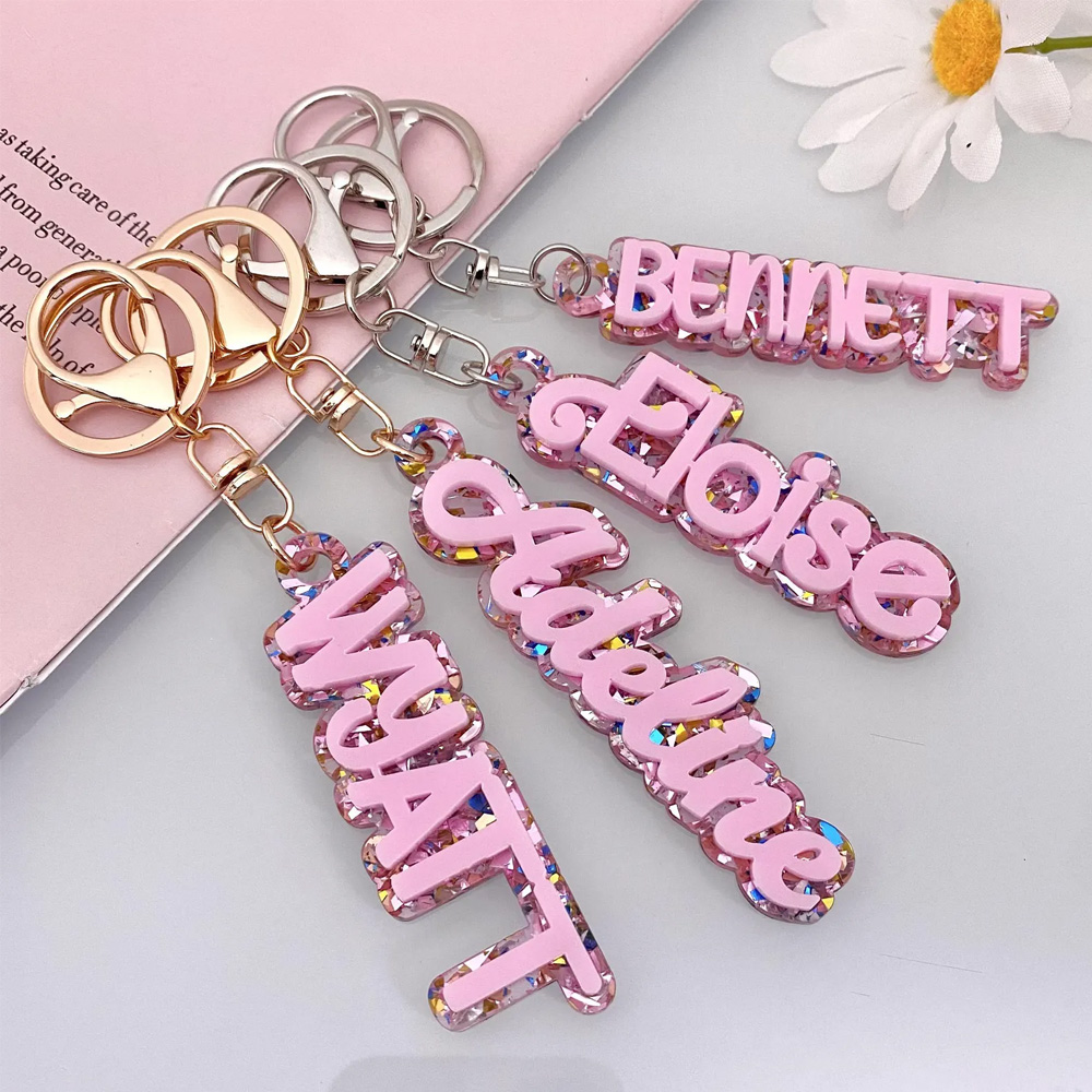 Personalized Name Glitter Keychain, Acrylic Sparkly Keyring, Backpack Bag/Lunch Box Accessory, Back to School/Birthday Gift for Kids/Girls