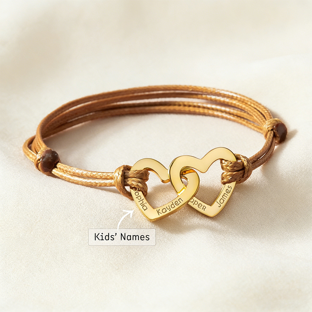 Personalized Double Hearts Family Bracelet with 1-4 Kids' Names, Sterling Silver 925 Bracelet with Leather Cord, Birthday Gift for Her/Mom/Grandma