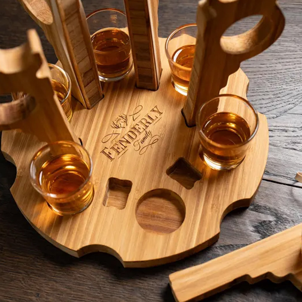 Custom Engraved Name Six-Shooter and Shoot Your Shot Serving Tray, Wooden Drink Board, Game Night Accessories, Housewarming Gift for Friends/Family
