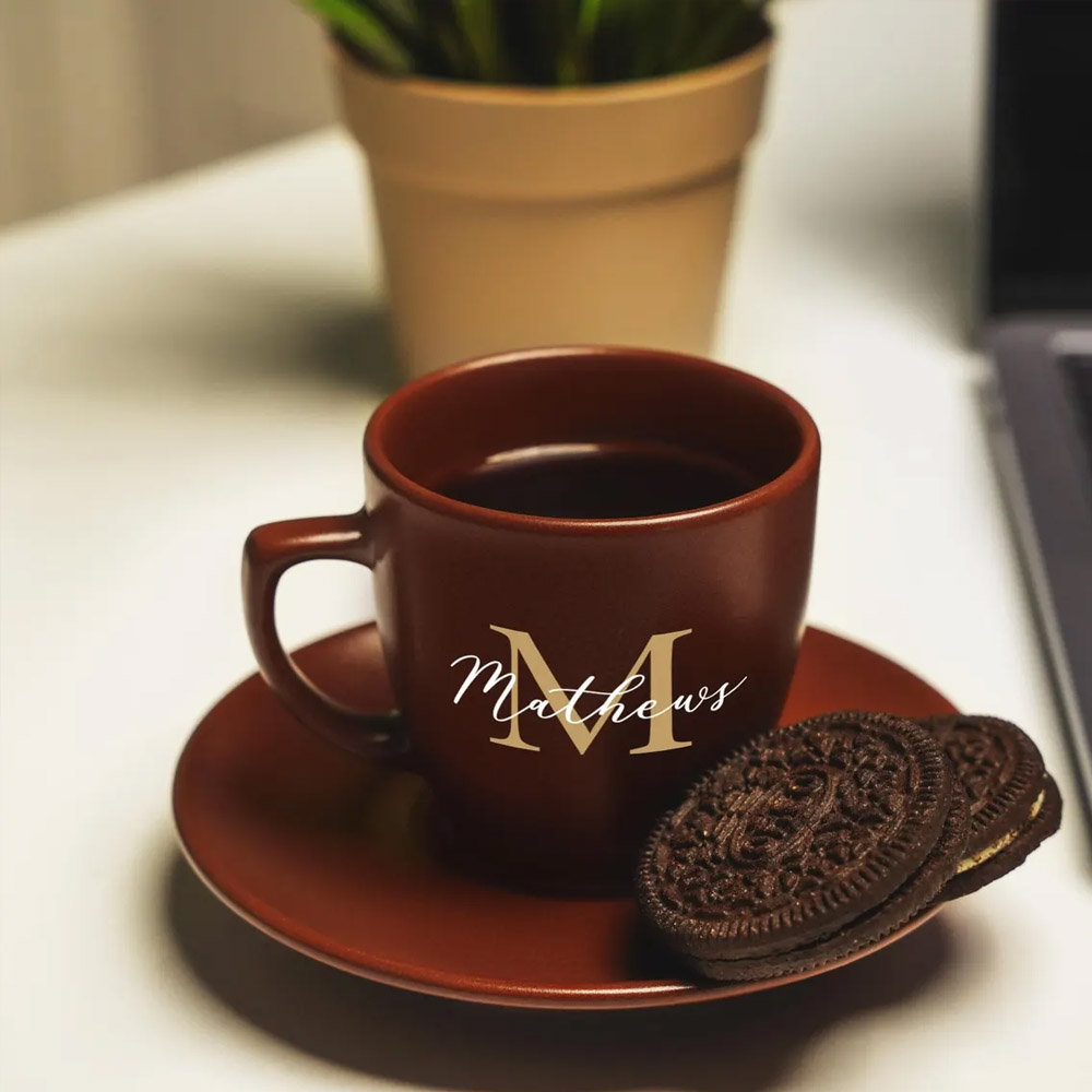 Personalized Name Ceramic Coffee Mug Set, Custom Monogram 4oz Espresso Cup and Saucer, Birthday/Anniversary Gift for Coffee Lovers/Family/Friends
