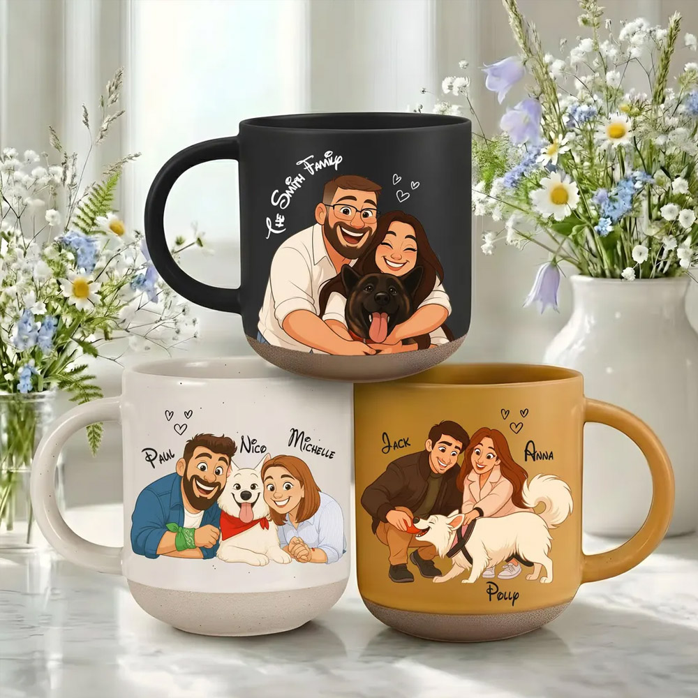 Mug en céramique personnalisé avec portrait de couple et animal de compagnie, mug photo personnalisé avec dessin animé pour chocolat chaud ou café, cadeau d'anniversaire pour couple/amoureux des animaux/propriétaires d'animaux