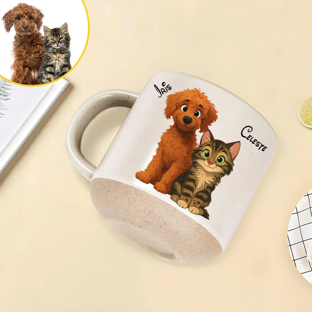 Mug en céramique personnalisé avec portrait de couple et animal de compagnie, mug photo personnalisé avec dessin animé pour chocolat chaud ou café, cadeau d'anniversaire pour couple/amoureux des animaux/propriétaires d'animaux