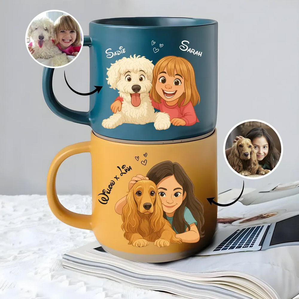 Mug en céramique personnalisé avec portrait de couple et animal de compagnie, mug photo personnalisé avec dessin animé pour chocolat chaud ou café, cadeau d'anniversaire pour couple/amoureux des animaux/propriétaires d'animaux
