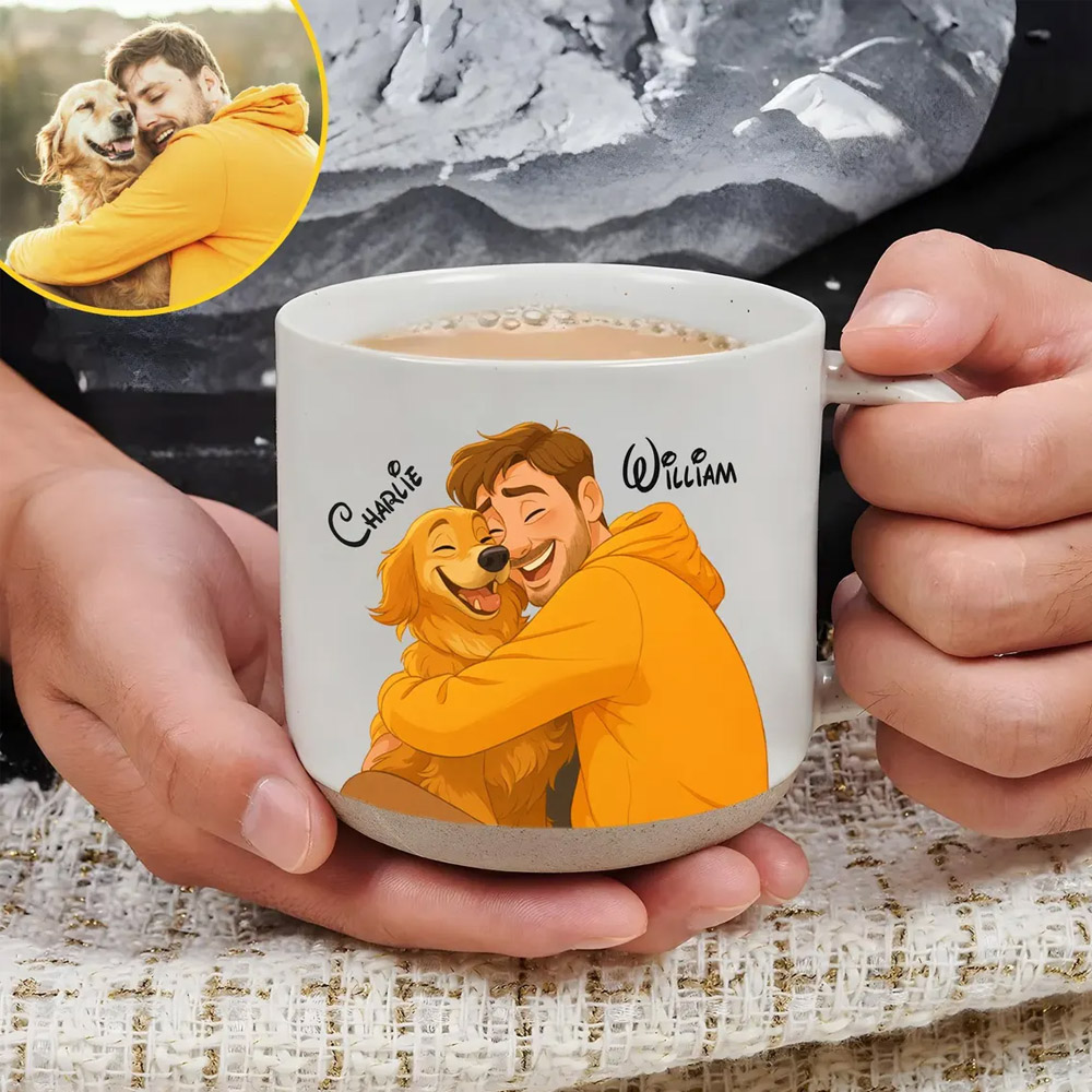 Mug en céramique personnalisé avec portrait de couple et animal de compagnie, mug photo personnalisé avec dessin animé pour chocolat chaud ou café, cadeau d'anniversaire pour couple/amoureux des animaux/propriétaires d'animaux