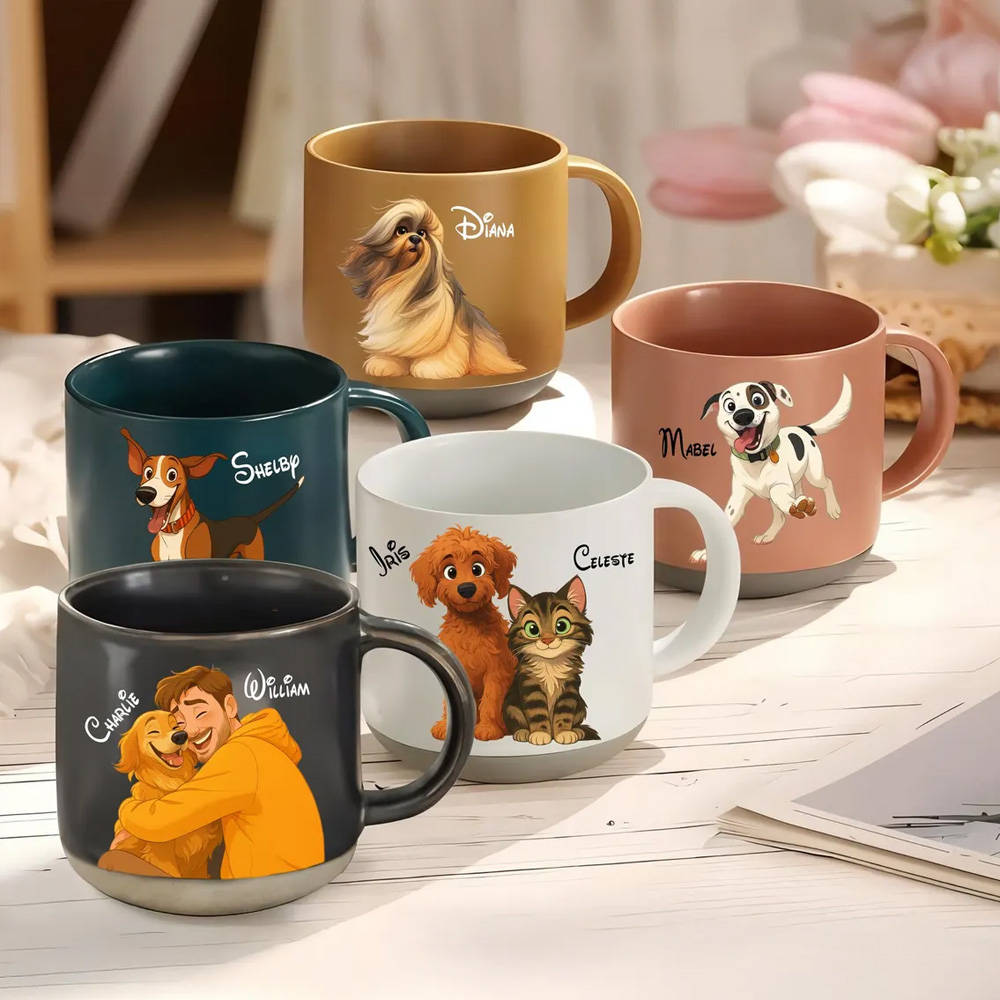 Mug en céramique personnalisé avec portrait de couple et animal de compagnie, mug photo personnalisé avec dessin animé pour chocolat chaud ou café, cadeau d'anniversaire pour couple/amoureux des animaux/propriétaires d'animaux