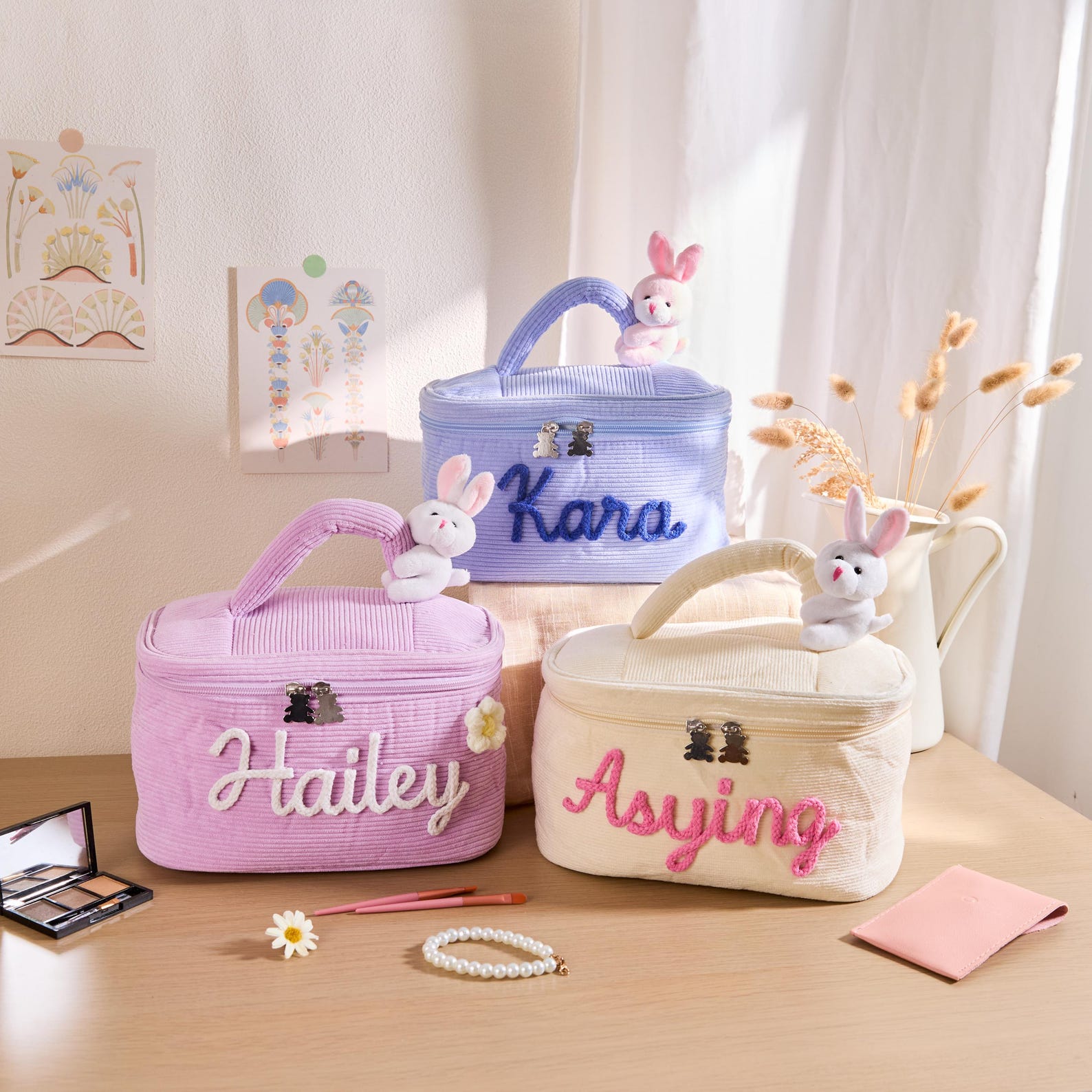 Sminkväska med broderat garn och namn, stor förpackning med sminkväska i bomull och fast kanin, födelsedags-/påskpresent till barn/flickor/tonåringar