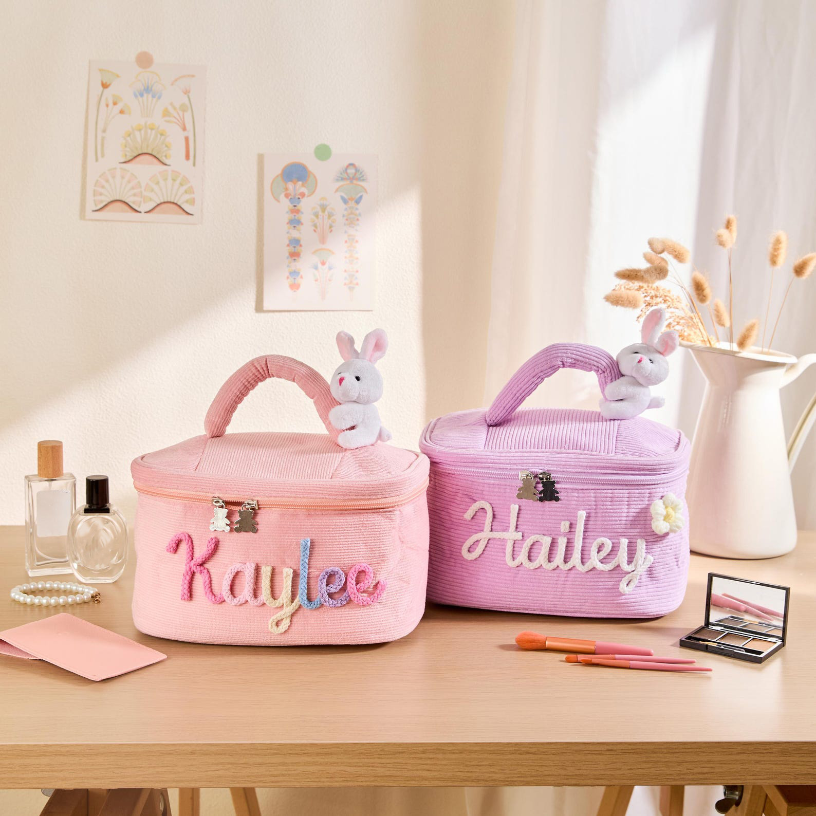 Sminkväska med broderat garn och namn, stor förpackning med sminkväska i bomull och fast kanin, födelsedags-/påskpresent till barn/flickor/tonåringar