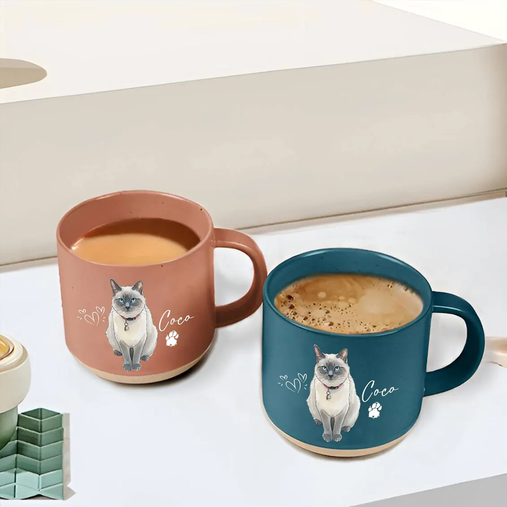Personalized Pet Photo Watercolor Pottery Mug with Name, Cat/Dog Portrait Hot Cocoa Coffee Mug, Birthday/Anniversary Gift for Family/Pet Lovers/Owners