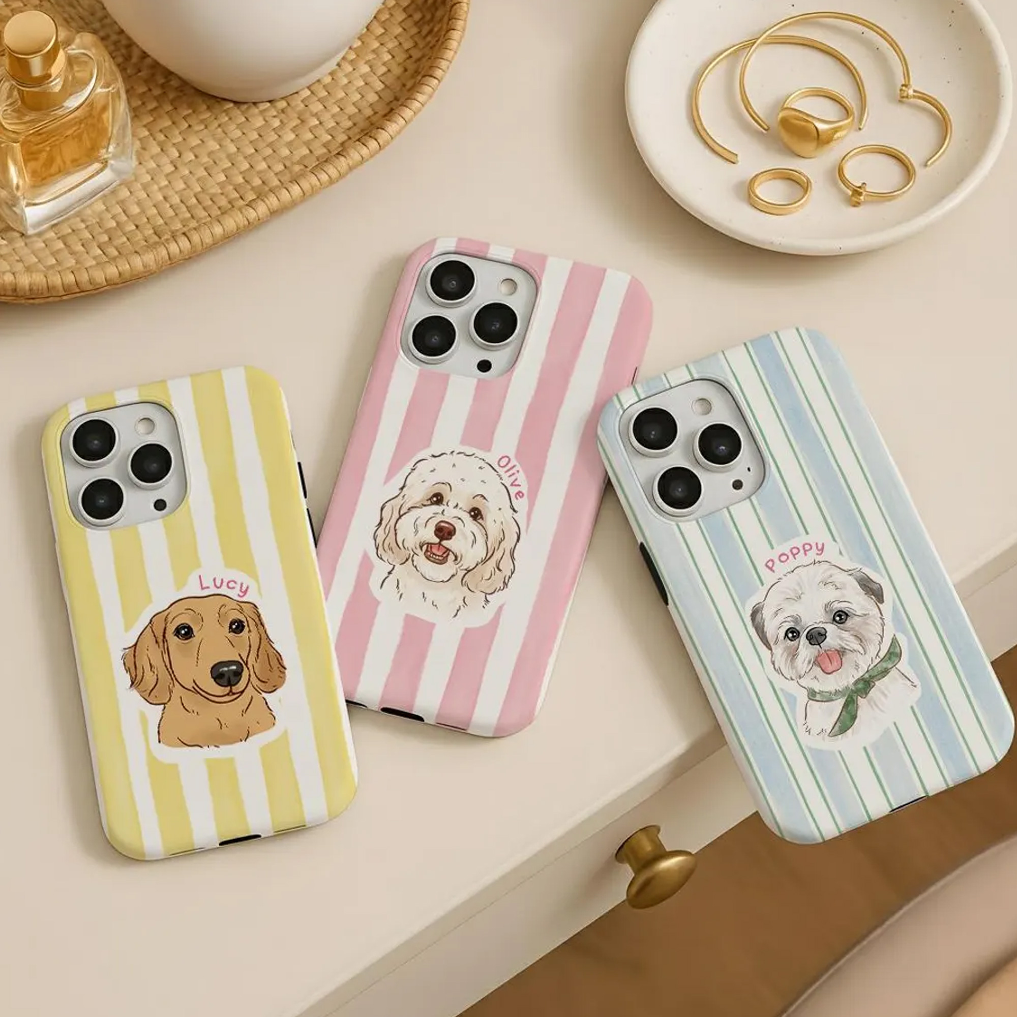 Custom Pet Portrait Stripes Phone Case with Name, Slim Tough Phone Cover for iPhone, Birthday/Anniversary/Memorial Gift for Pet Owners/Lovers