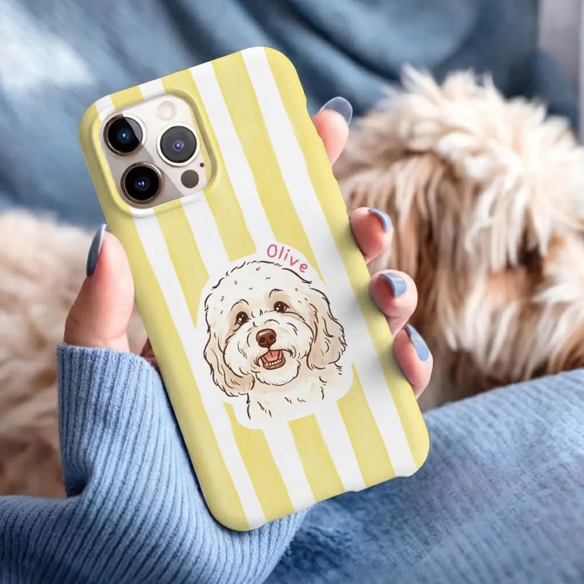 Custom Pet Portrait Stripes Phone Case with Name, Slim Tough Phone Cover for iPhone, Birthday/Anniversary/Memorial Gift for Pet Owners/Lovers