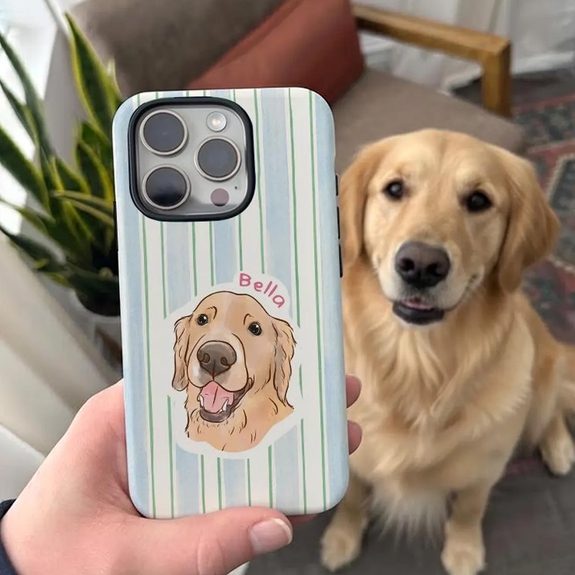 Custom Pet Portrait Stripes Phone Case with Name, Slim Tough Phone Cover for iPhone, Birthday/Anniversary/Memorial Gift for Pet Owners/Lovers