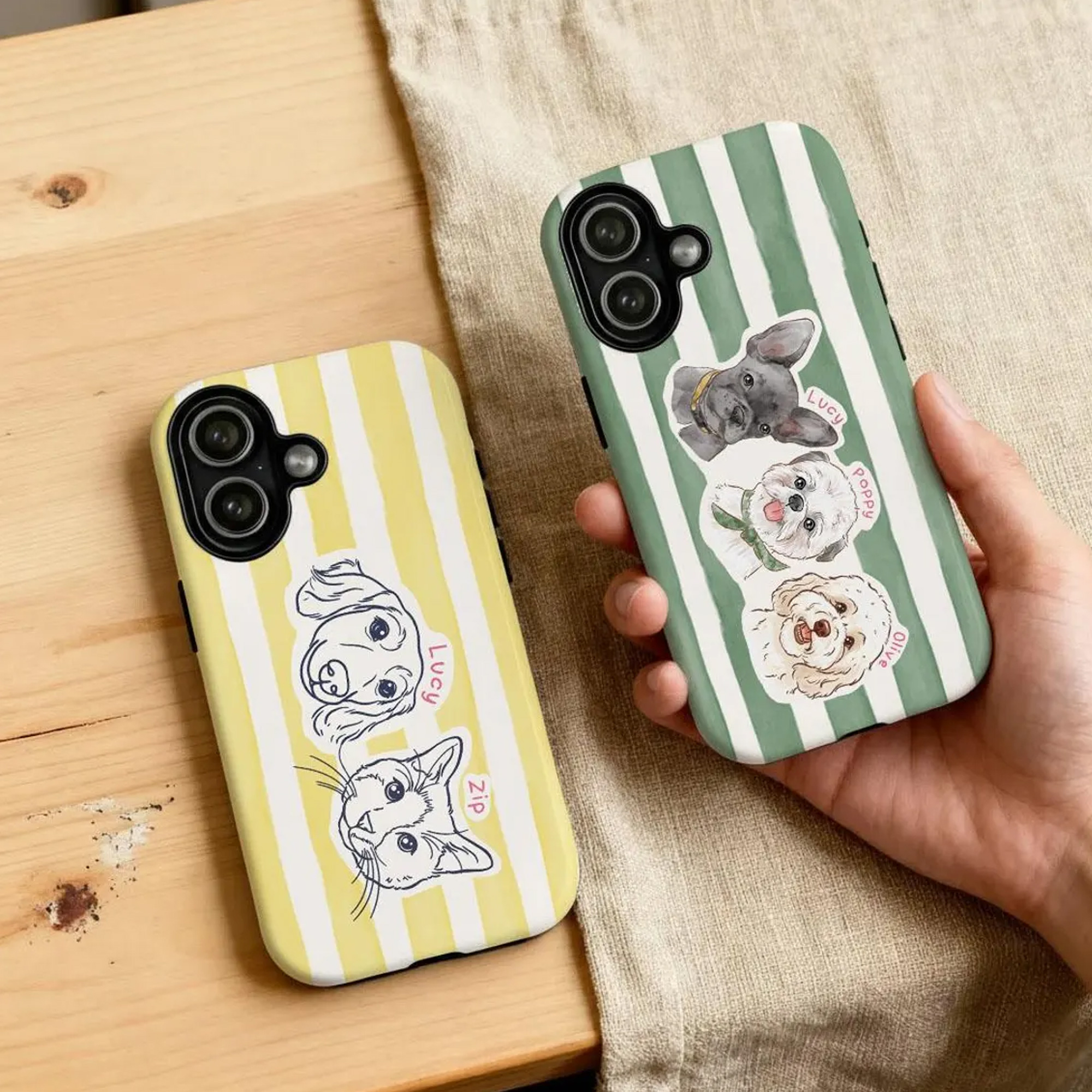 Custom Pet Portrait Stripes Phone Case with Name, Slim Tough Phone Cover for iPhone, Birthday/Anniversary/Memorial Gift for Pet Owners/Lovers