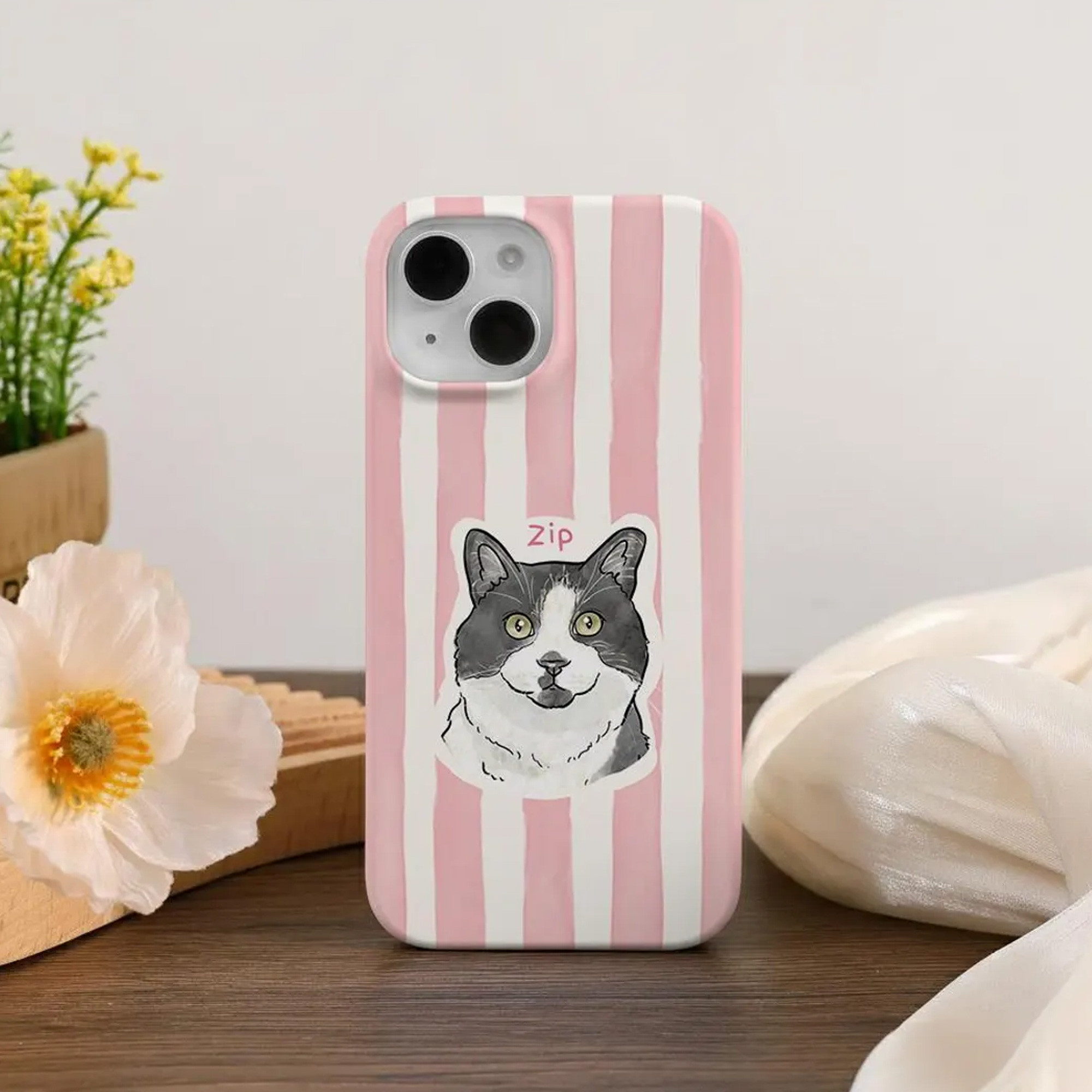 Custom Pet Portrait Stripes Phone Case with Name, Slim Tough Phone Cover for iPhone, Birthday/Anniversary/Memorial Gift for Pet Owners/Lovers