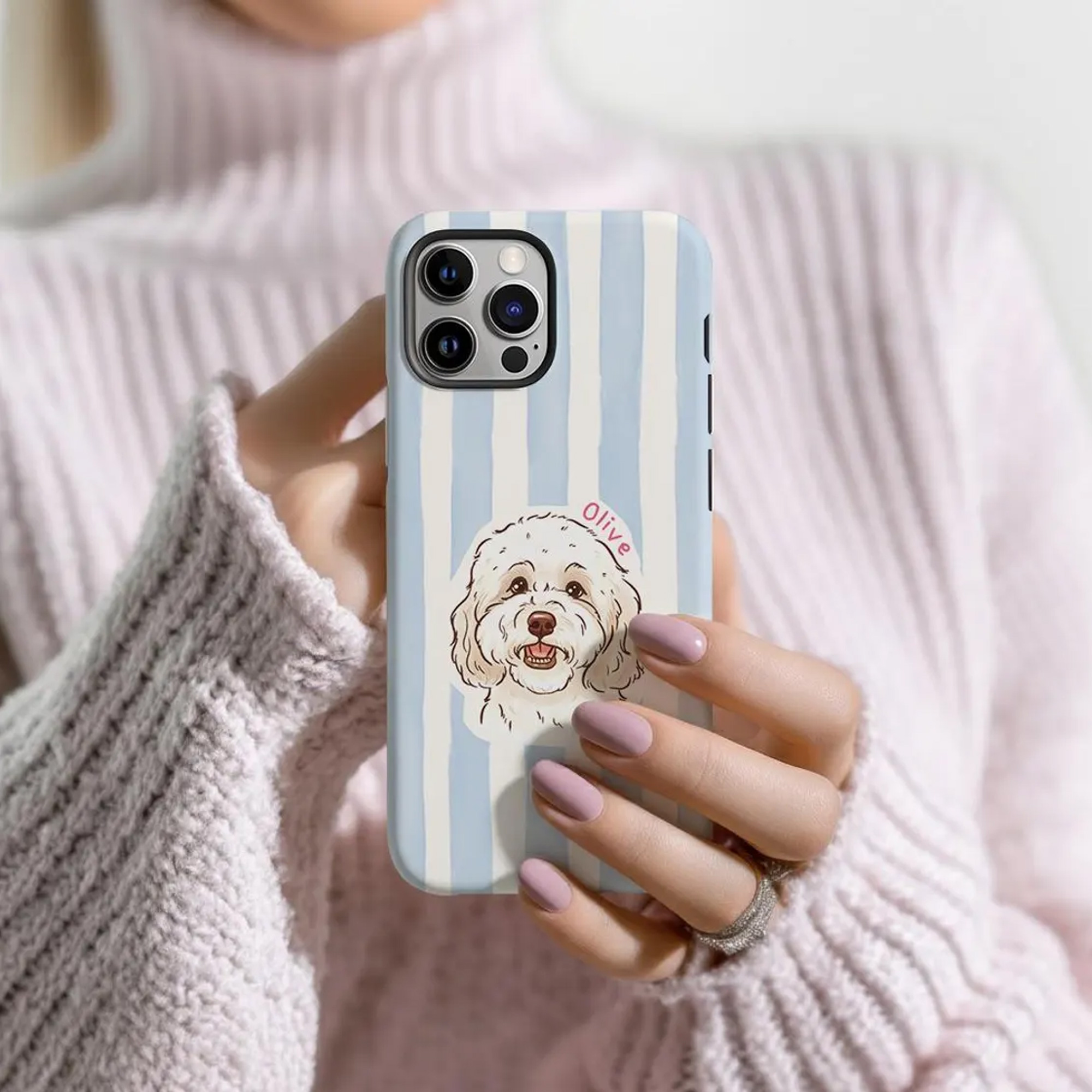 Custom Pet Portrait Stripes Phone Case with Name, Slim Tough Phone Cover for iPhone, Birthday/Anniversary/Memorial Gift for Pet Owners/Lovers