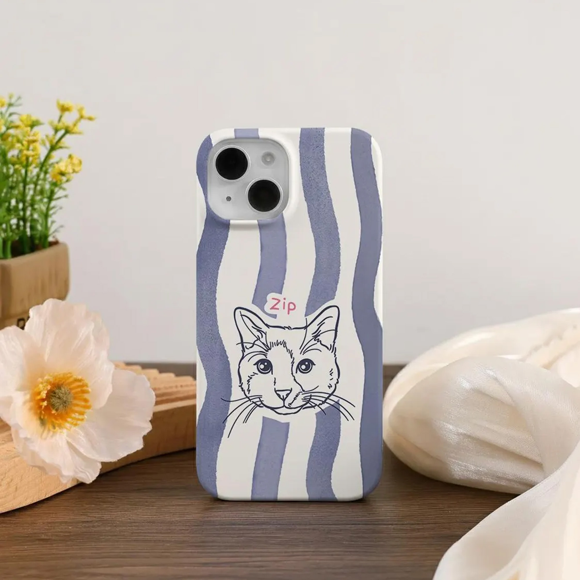 Custom Pet Portrait Stripes Phone Case with Name, Slim Tough Phone Cover for iPhone, Birthday/Anniversary/Memorial Gift for Pet Owners/Lovers