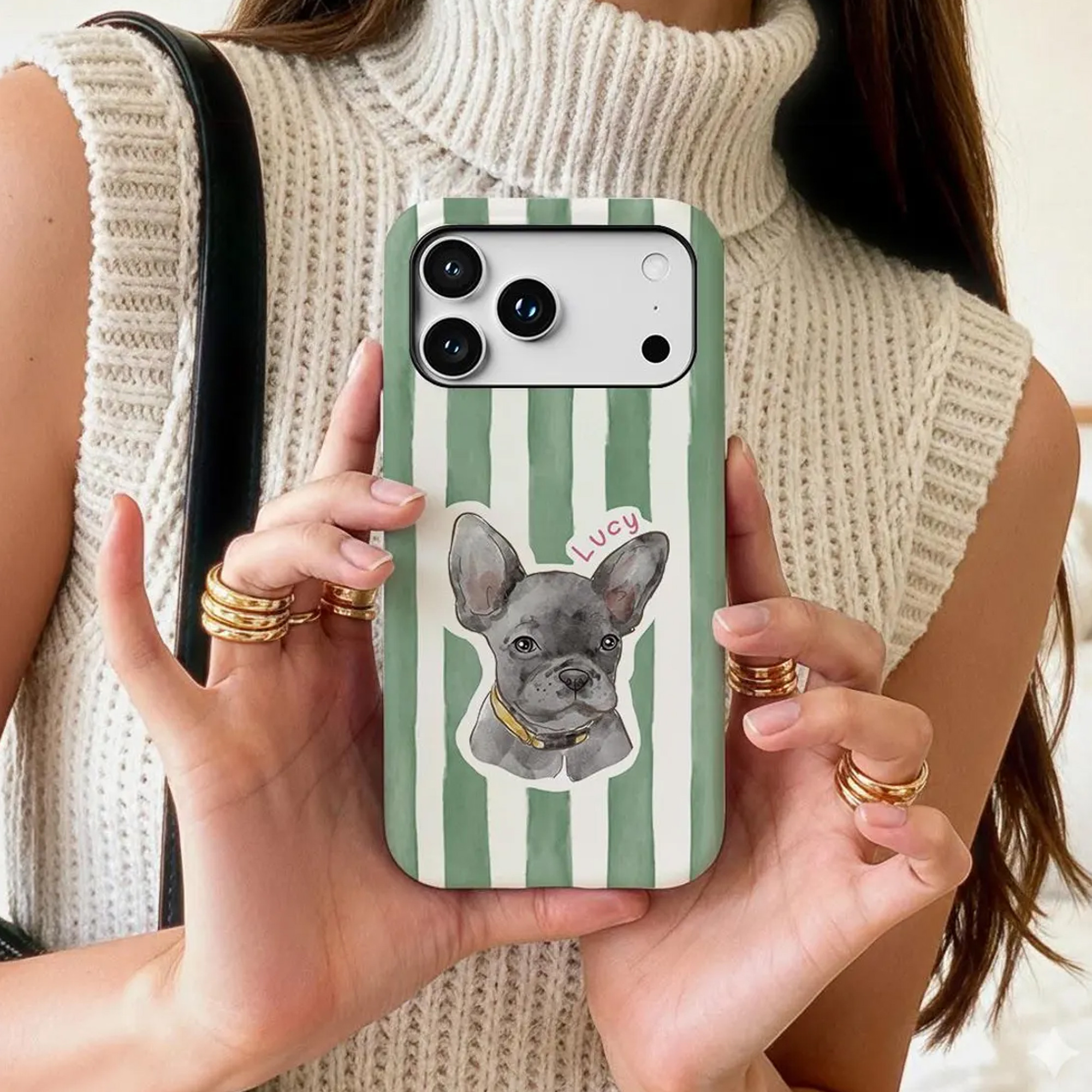 Custom Pet Portrait Stripes Phone Case with Name, Slim Tough Phone Cover for iPhone, Birthday/Anniversary/Memorial Gift for Pet Owners/Lovers