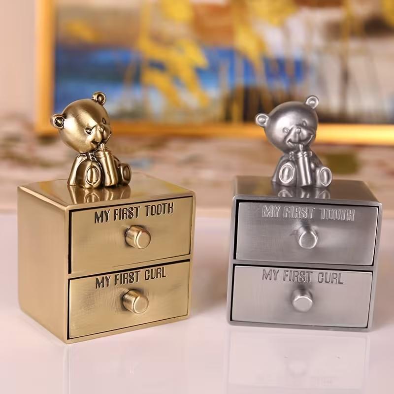 Personalized Mini Golden Tooth Box For Advanced Birth Hair Box, Creative European Doll Teeth Birth Hair Collection Box, The First Volume Of Hair And The First Tooth Souvenir Box, Golden Carved Cute Shaped Silvery Tooth Collection Storage