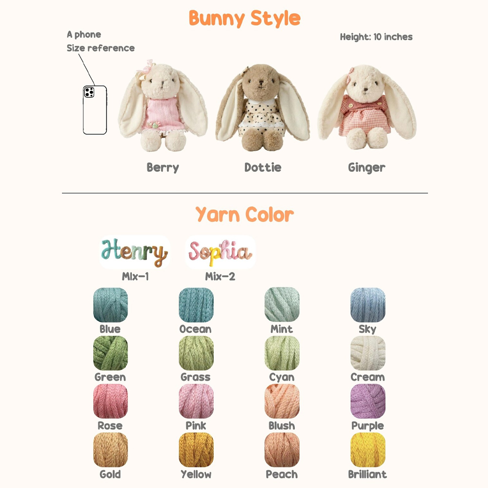 Osterhase mit individueller Namensstickerei, weiches Stofftier mit Schleife aus Garn, Dekoration für Zuhause, Geschenk zu Ostern, Geburtstag oder Babyparty für Kinder/Mädchen