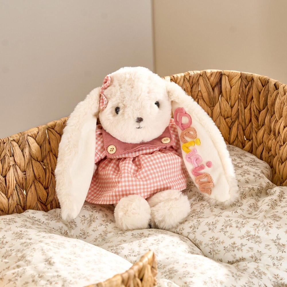 Osterhase mit individueller Namensstickerei, weiches Stofftier mit Schleife aus Garn, Dekoration für Zuhause, Geschenk zu Ostern, Geburtstag oder Babyparty für Kinder/Mädchen