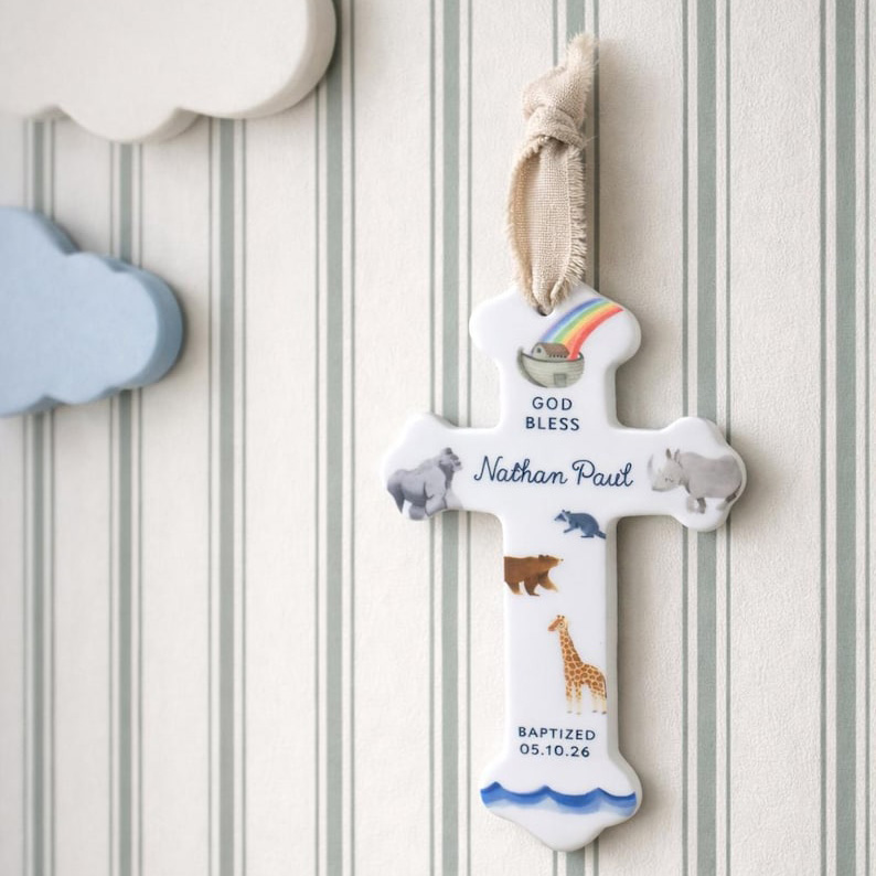 Personalized Baby Name Baptism Ceramic Cross & Embroidered Knit Blanket Set, Animal Noah's Ark Gift Set, Birthday/Baby Shower Gift for Newborn/Godson