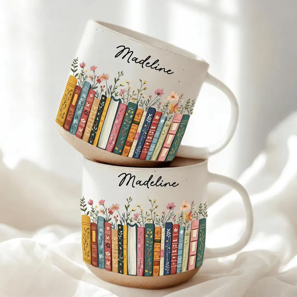 Custom Vintage Wildflower Bookshelf Pottery Mug with Name, Floral Bookish 12oz Ceramic Coffee Tea Mug, Birthday Gift for Book Lovers/Teacher/Women
