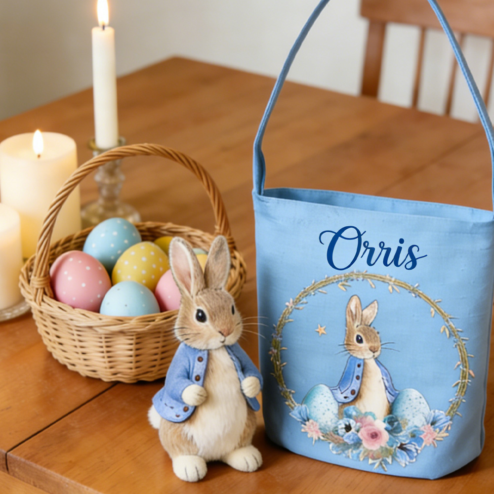 Personalised Watercolor Peter Rabbit Floral Wreath Easter Basket, Large Capacity Bunny Easter Egg Hunt Bag, Easter/Birthday Gift for Kids/Girls/Boys
