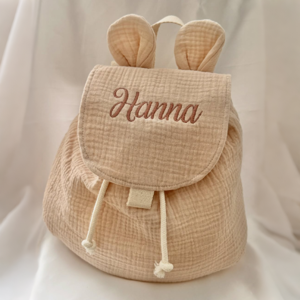 Personalized Toddler Backpack with Bunny Ears - Custom Embroidered Name Cotton Muslin School Bag - Unique Keepsake Gift for Little Girls Boys