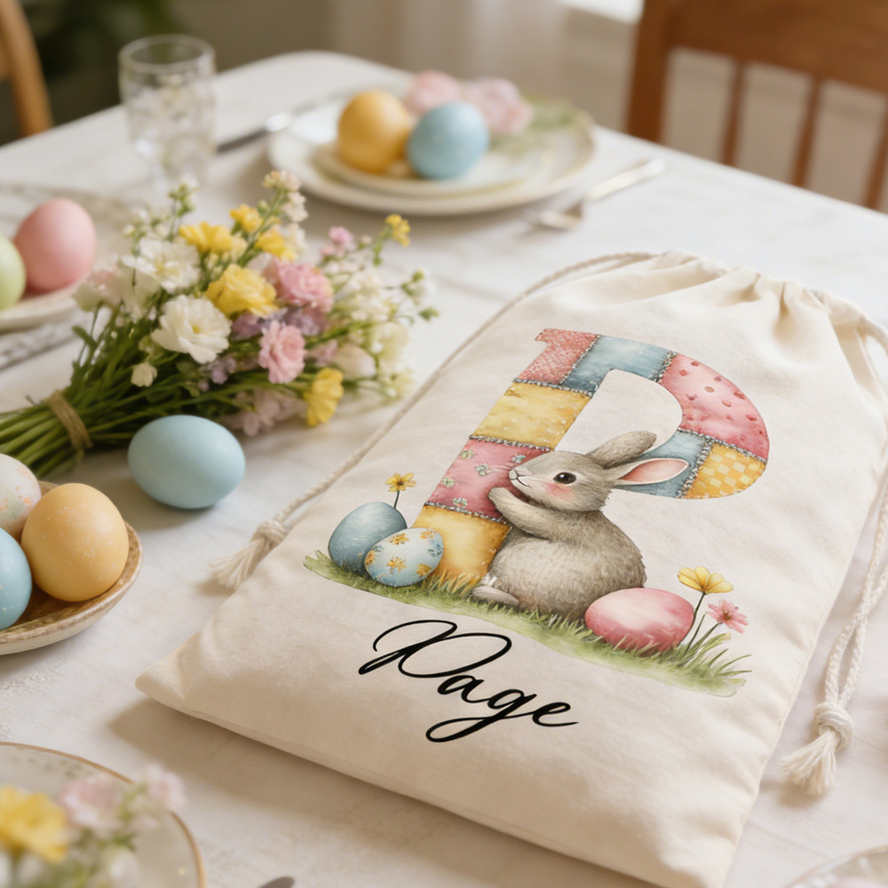Custom Name Watercolor Bunny Alphabet Easter Gift Bag, Large Capacity Canvas Sack with Drawstring, Party Gift Bag, Easter Gift for Kids/Boys/Girls