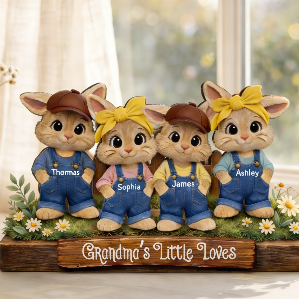 Personalized 1-5 Names Family Bunnies Cartoon Easter Plaque, Wooden Rabbit Family Sign Plaque, Easter Home Decor, Easter Gift for Mom/Grandma/Family