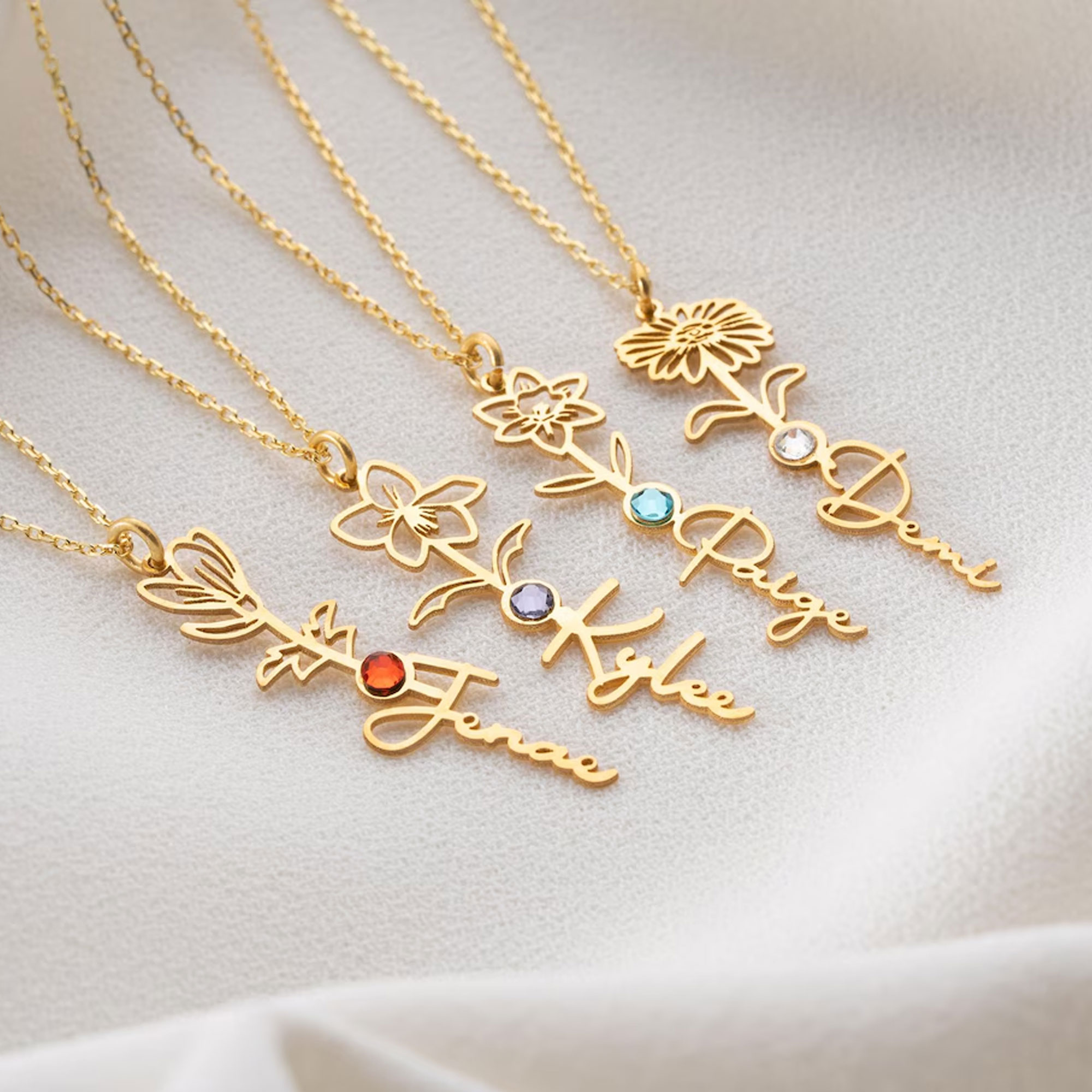 Personalized Birth Flower & Birthstone Necklace with Name, Sterling Silver 925 Dainty Women's Jewelry, Birthday/Mother's Day Gift for Her/Mom/Grandma